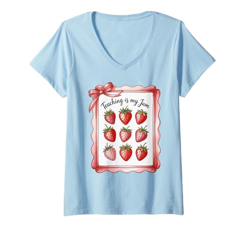 Damen Teaching is My Jam Strawberry Teacher Team Crew Fun T-Shirt mit V-Ausschnitt Damen Teaching is My Jam Strawberry Teacher Team Crew Fun T-Shirt mit V-Ausschnitt von Strawberry Teacher Educators Love Learning School