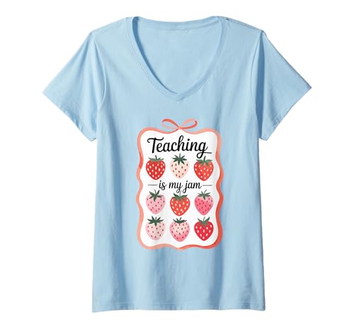 Damen Teaching is My Jam Strawberry Teacher Team Crew Fun T-Shirt mit V-Ausschnitt Damen Teaching is My Jam Strawberry Teacher Team Crew Fun T-Shirt mit V-Ausschnitt von Strawberry Teacher Educators Love Learning School