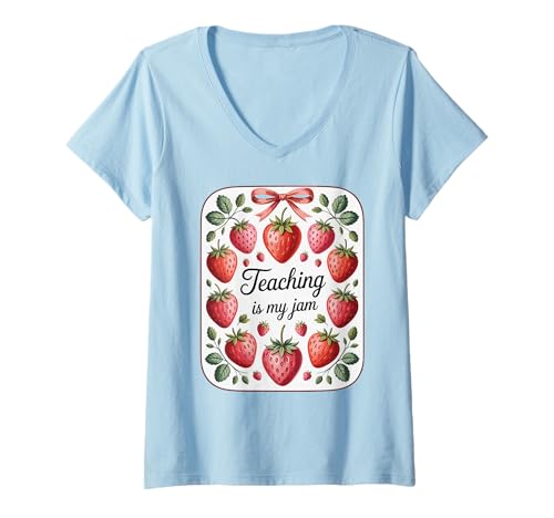Damen Teaching is My Jam Strawberry Teacher Team Crew Fun T-Shirt mit V-Ausschnitt Damen Teaching is My Jam Strawberry Teacher Team Crew Fun T-Shirt mit V-Ausschnitt von Strawberry Teacher Educators Love Learning School