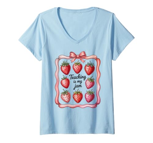 Damen Teaching is My Jam Strawberry Teacher Team Crew Fun T-Shirt mit V-Ausschnitt Damen Teaching is My Jam Strawberry Teacher Team Crew Fun T-Shirt mit V-Ausschnitt von Strawberry Teacher Educators Love Learning School