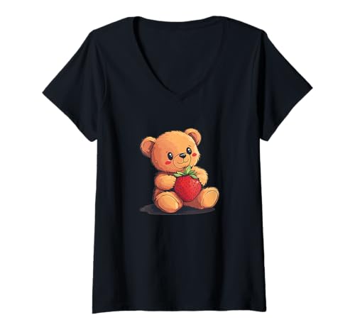 Damen Obst- und Erdbeer-Outfit mit Teddybär für Beeren-Fans T-Shirt mit V-Ausschnitt Damen Obst- und Erdbeer-Outfit mit Teddybär für Beeren-Fans T-Shirt mit V-Ausschnitt von Strawberry Teddy