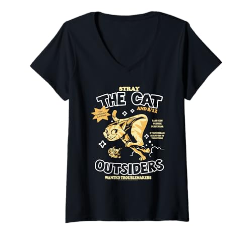 Damen Stray The Cat Outsiders Wanted Troublemakers Video Game T-Shirt mit V-Ausschnitt Damen Stray The Cat Outsiders Wanted Troublemakers Video Game T-Shirt mit V-Ausschnitt von Stray
