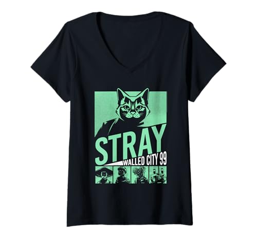 Damen Stray Walled City 99 Mint Cat with Characters Video Game T-Shirt mit V-Ausschnitt Damen Stray Walled City 99 Mint Cat with Characters Video Game T-Shirt mit V-Ausschnitt von Stray