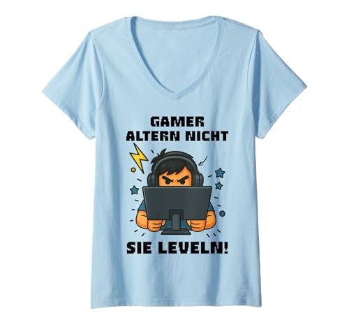 Damen Zocker Junge Headset Comic Gamer altern Nicht sie leveln T-Shirt mit V-Ausschnitt Damen Zocker Junge Headset Comic Gamer altern Nicht sie leveln T-Shirt mit V-Ausschnitt von Streamer Gamer Nerd Design