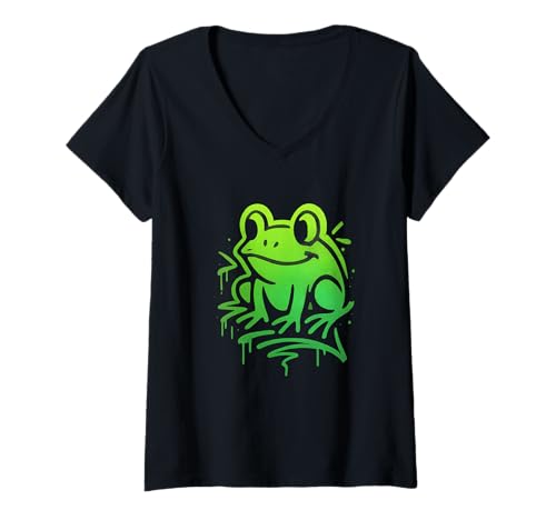 Damen Graffiti-Frosch-Illustration T-Shirt mit V-Ausschnitt Damen Graffiti-Frosch-Illustration T-Shirt mit V-Ausschnitt von Street Amphibian