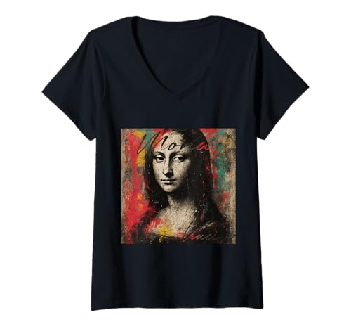 Damen Graffiti Mona Lisa Urban Art mit kräftigem Rot und Gelb T-Shirt mit V-Ausschnitt Damen Graffiti Mona Lisa Urban Art mit kräftigem Rot und Gelb T-Shirt mit V-Ausschnitt von Street Art Legacy