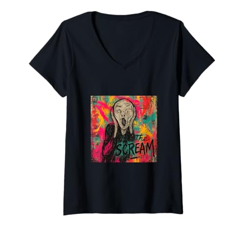 Damen The Scream Graffiti Pop-Art im expressionistischen urbanen Stil T-Shirt mit V-Ausschnitt von Street Art Legends