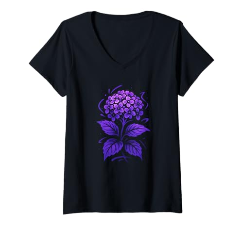 Damen Graffiti-Hortensien-Illustration T-Shirt mit V-Ausschnitt Damen Graffiti-Hortensien-Illustration T-Shirt mit V-Ausschnitt von Street Bloom