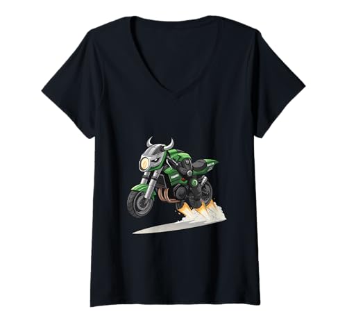 Damen Cartoon Racing Motorrad mit Bullhorns Art Rider T-Shirt mit V-Ausschnitt von Street Bull Syndicate