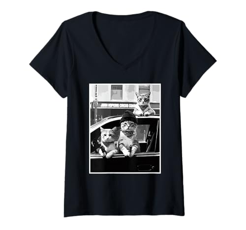Damen Gangster Cat Car Crew Meme Graustufen Katzenbande Humor T-Shirt mit V-Ausschnitt von Street Cat Illustration Meme Art Urban Feline