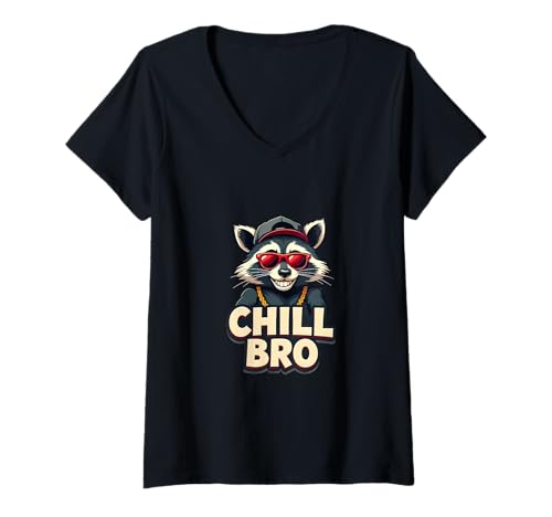 Damen Chill Bro Coole Waschbär-Vibes T-Shirt mit V-Ausschnitt von Street Critter Collective
