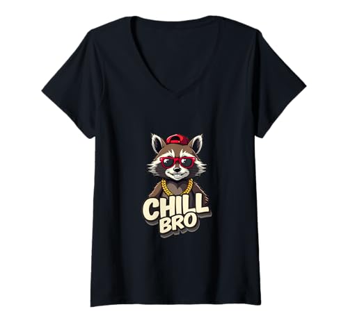 Damen Chill Bro Coole Waschbär-Vibes T-Shirt mit V-Ausschnitt von Street Critter Collective