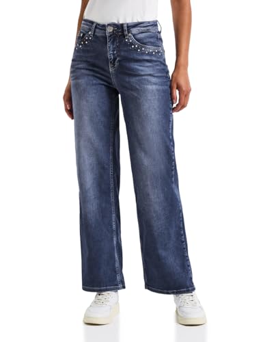 STREET ONE Damen A379428 Wide Leg Jeans mit Nieten, Mid Blue Soft Washed, 29W / 28L von STREET ONE