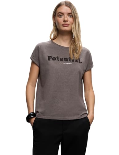 Street One Damen 3227940 T-Shirt mit Bouclé Wording, Dark Nomad Brown Mel, 38 von Street One