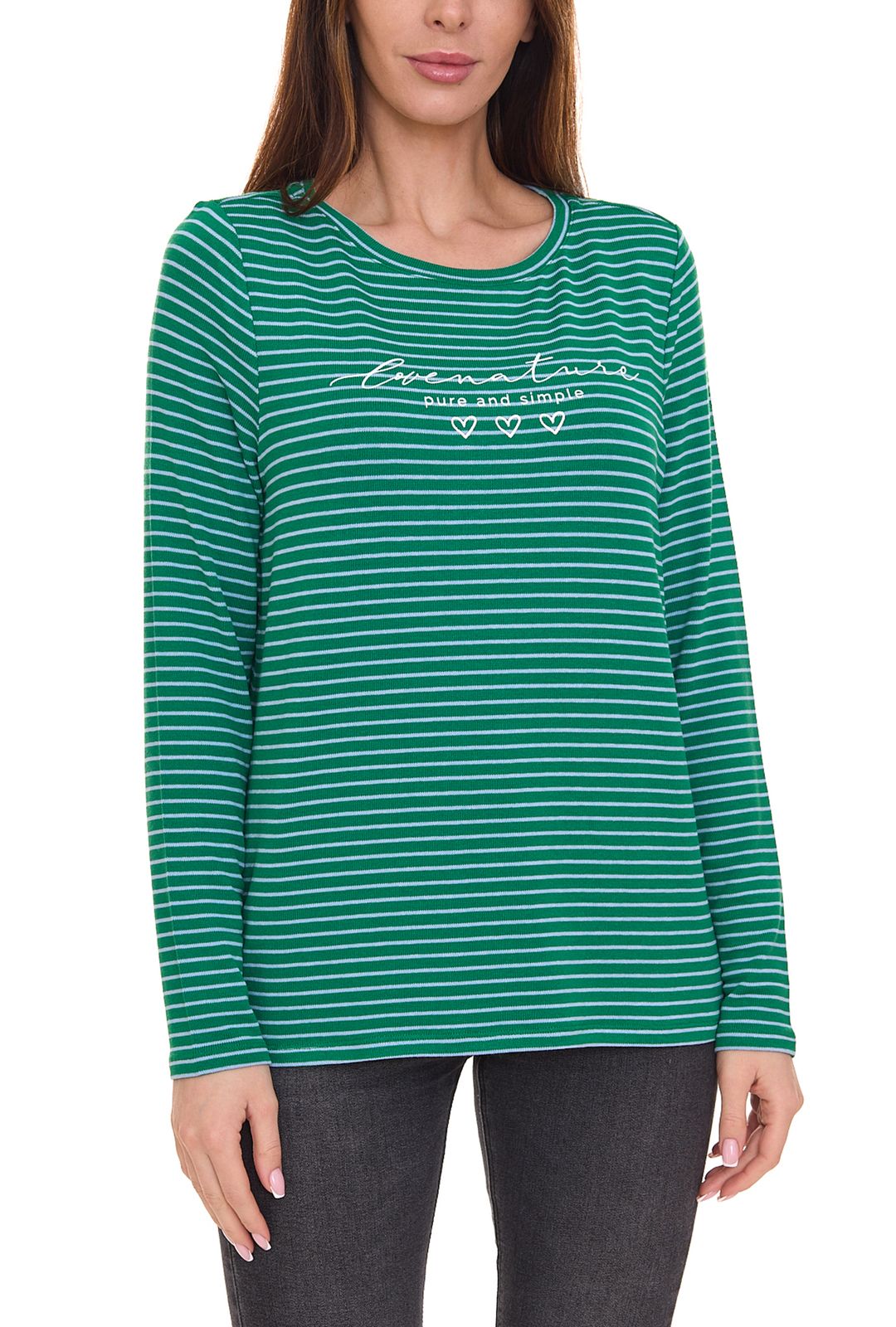 Street One Damen Langarm-Shirt gestreifter Pullover mit Schriftzug auf der Front 90463326 Grün/Weiß von Street One