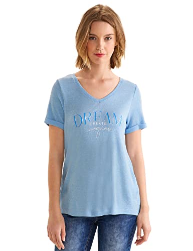 STREET ONE Damen Shiny V-Neck W.Wording Kurzarmshirt, Light Splash Blue, 42 EU von Street One