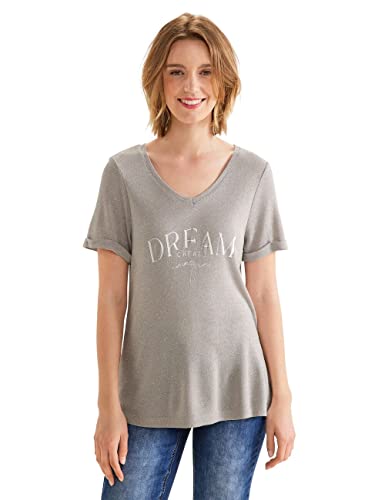 STREET ONE Damen Shiny V-Neck W.Wording Kurzarmshirt, Smooth Stone Sand, 40 EU von Street One