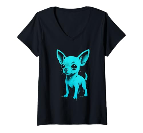 Damen Graffiti-Chihuahua-Illustration T-Shirt mit V-Ausschnitt Damen Graffiti-Chihuahua-Illustration T-Shirt mit V-Ausschnitt von Street Pup