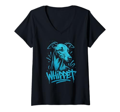 Damen Whippet Dog Graffiti-Straßenkunst-Illustration im urbanen Stil T-Shirt mit V-Ausschnitt Damen Whippet Dog Graffiti-Straßenkunst-Illustration im urbanen Stil T-Shirt mit V-Ausschnitt von Street Pup