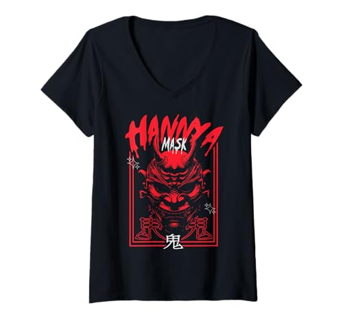 Damen Hannya Mask — Statement zur urbanen Streetwear T-Shirt mit V-Ausschnitt von Street Style Collective