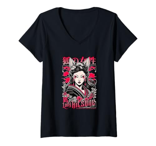 Damen Mythical Lady Kitsune - Kühne Urbane Ästhetik T-Shirt mit V-Ausschnitt von Street Style Collective