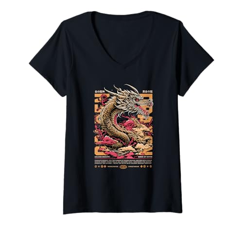 Damen Mythischer goldener Drache - kühne urbane Ästhetik T-Shirt mit V-Ausschnitt Damen Mythischer goldener Drache - kühne urbane Ästhetik T-Shirt mit V-Ausschnitt von Street Style Collective