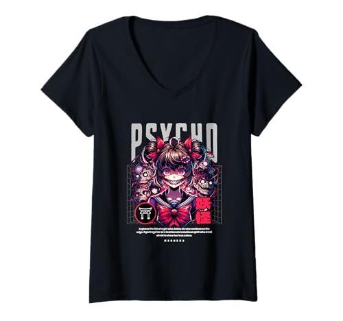 Damen Streetwear Psycho — Mutige Urbane Ästhetik T-Shirt mit V-Ausschnitt Damen Streetwear Psycho — Mutige Urbane Ästhetik T-Shirt mit V-Ausschnitt von Street Style Collective