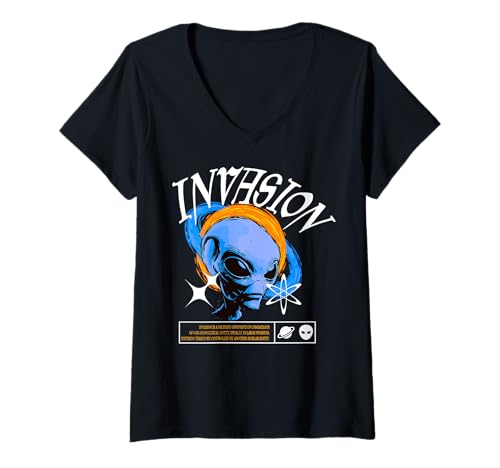 Damen Y2K Alien Invasion - Kühne Urbane Graffiti-Ästhetik T-Shirt mit V-Ausschnitt Damen Y2K Alien Invasion - Kühne Urbane Graffiti-Ästhetik T-Shirt mit V-Ausschnitt von Street Style Collective