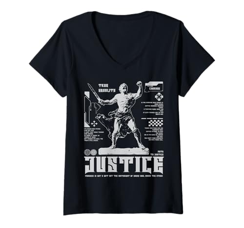 Damen Y2K Justice - Kühne urbane Graffiti-Ästhetik T-Shirt mit V-Ausschnitt von Street Style Collective