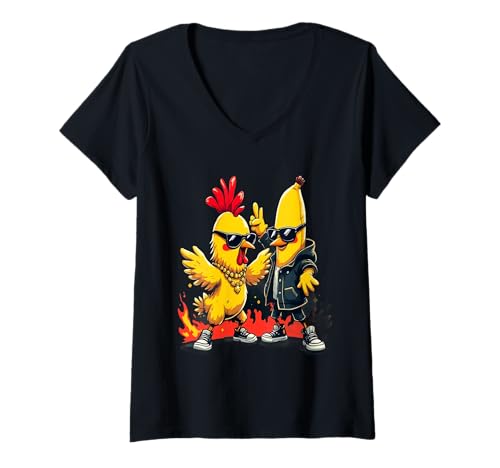 Damen Coole Chicken and Banana Hip Hop Buddies Funny T-Shirt mit V-Ausschnitt Damen Coole Chicken and Banana Hip Hop Buddies Funny T-Shirt mit V-Ausschnitt von Street Style Funky Chicken Cartoon Banana Grafik