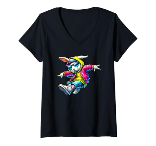 Damen Cooler Hip-Hop-Hase im Sonnenbrillen-Stil T-Shirt mit V-Ausschnitt Damen Cooler Hip-Hop-Hase im Sonnenbrillen-Stil T-Shirt mit V-Ausschnitt von Street Style Hip Hop Urban Cool Vibe