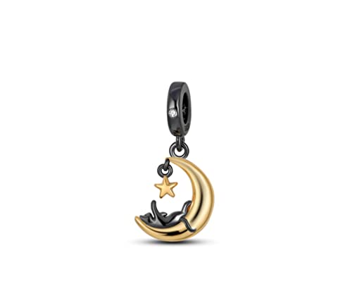 Schwarze Katze Spielzeug auf dem Mond - Bettelarmband Anhänger Schmuck Dekoration Zubehör Geschenk Sterlingsilber 925 von Streetculture
