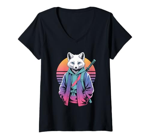 Damen Arctic Fox Samurai Streetwear-Tiere bei Sonnenuntergang T-Shirt mit V-Ausschnitt von Streetwear Animals Urban Animal Style