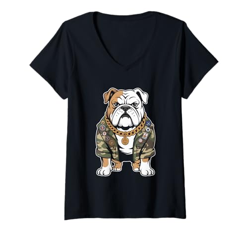 Damen Bulldog Army Street Style Military Streetwear Tiere T-Shirt mit V-Ausschnitt Damen Bulldog Army Street Style Military Streetwear Tiere T-Shirt mit V-Ausschnitt von Streetwear Animals Urban Animal Style