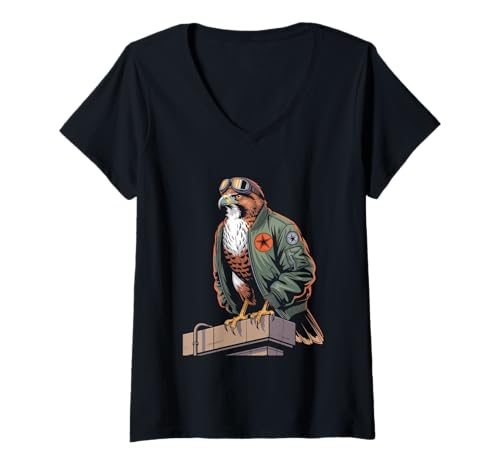 Damen Hawk Pilot Flight Gear Streetwear Tiere T-Shirt mit V-Ausschnitt von Streetwear Animals Urban Animal Style