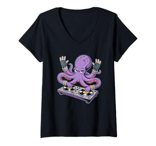 Damen Octopus DJ Mix Tentakel Streetwear Tiere T-Shirt mit V-Ausschnitt von Streetwear Animals Urban Animal Style