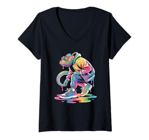 Damen Rainbow Drip Chamäleon Streetwear Tiere T-Shirt mit V-Ausschnitt von Streetwear Animals Urban Animal Style