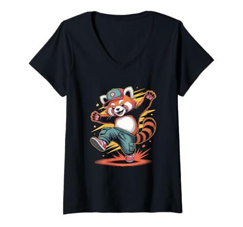 Damen Red Panda Street Dance Art Streetwear Tiere T-Shirt mit V-Ausschnitt von Streetwear Animals Urban Animal Style
