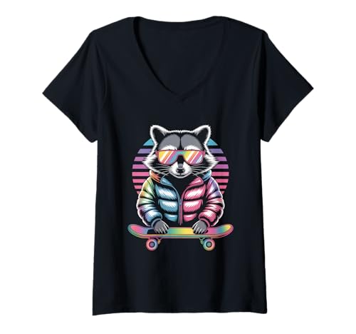 Damen Skater Waschbär Retro Pop Streetwear Tiere T-Shirt mit V-Ausschnitt von Streetwear Animals Urban Animal Style