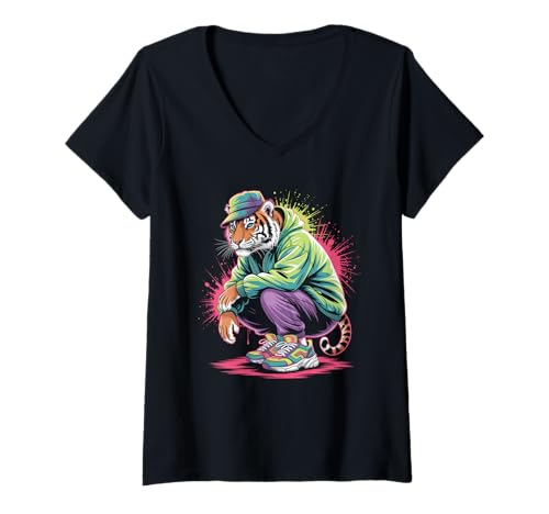 Damen Tiger Urban Jungle Graffiti Art Streetwear Tiere T-Shirt mit V-Ausschnitt von Streetwear Animals Urban Animal Style