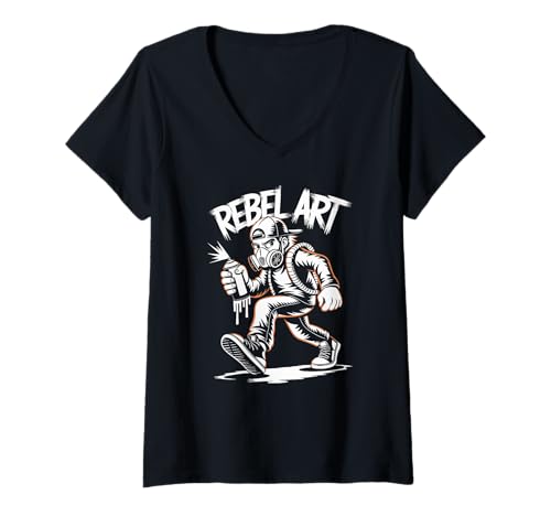 Damen Rebel Art Spraydose Maske Urban Style T-Shirt mit V-Ausschnitt Damen Rebel Art Spraydose Maske Urban Style T-Shirt mit V-Ausschnitt von Streetwear Culture Graffiti Vibes