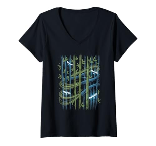 Damen Bamboo Zen Forest Dragonfly Night Streetwear Japanisch T-Shirt mit V-Ausschnitt von Streetwear Japanese Culture Street Style Fashion