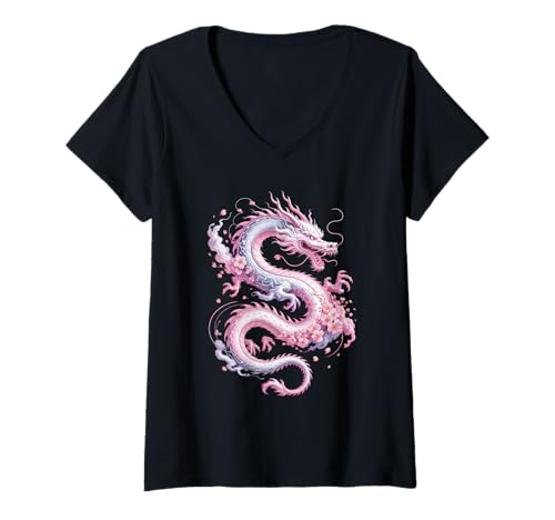 Damen Cherry Blossom Dragon Art Streetwear Japanische Kultur T-Shirt mit V-Ausschnitt von Streetwear Japanese Culture Street Style Fashion