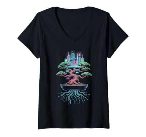Damen Cyber Bonsai Tree Future City Art Streetwear Japanisch T-Shirt mit V-Ausschnitt von Streetwear Japanese Culture Street Style Fashion