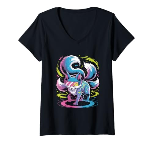 Damen Cyber Fox Tech Art Digital Foxwave Streetwear Japanisch T-Shirt mit V-Ausschnitt von Streetwear Japanese Culture Street Style Fashion