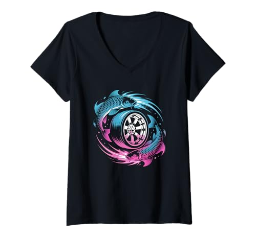 Damen Koi Drift Racing Wheel Art Streetwear Japanische Kultur T-Shirt mit V-Ausschnitt von Streetwear Japanese Culture Street Style Fashion