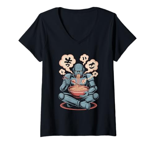 Damen Robot Eating Ramen Noodles Streetwear Japanische Kultur T-Shirt mit V-Ausschnitt von Streetwear Japanese Culture Street Style Fashion