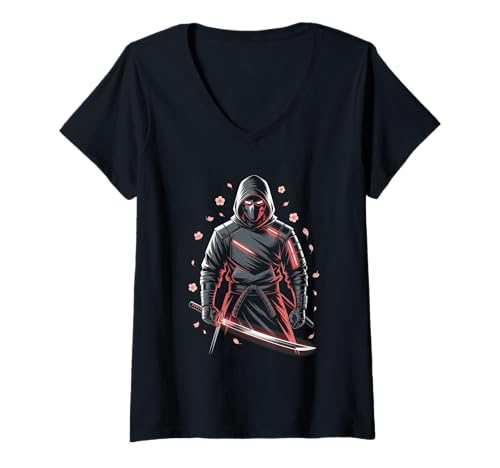 Damen Samurai Katana Warrior Cherry Blossoms Streetwear Japanisch T-Shirt mit V-Ausschnitt von Streetwear Japanese Culture Street Style Fashion