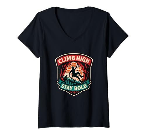 Damen Climb High Stay Kühne Kletterwappen-Grafik T-Shirt mit V-Ausschnitt Damen Climb High Stay Kühne Kletterwappen-Grafik T-Shirt mit V-Ausschnitt von Streetwear Outdoor Climbing Crest Apparel