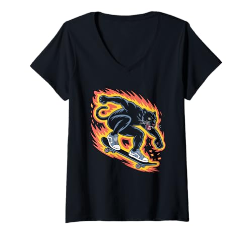 Damen Panther Skater Streetwear-Skateboard im Retro-Look, Color Trails T-Shirt mit V-Ausschnitt Damen Panther Skater Streetwear-Skateboard im Retro-Look, Color Trails T-Shirt mit V-Ausschnitt von Streetwear Skateboard Skate Style Culture